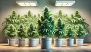 Indoor setup of healthy female cannabis clones in white pots under bright grow lights, showcasing robust growth and uniform structure.