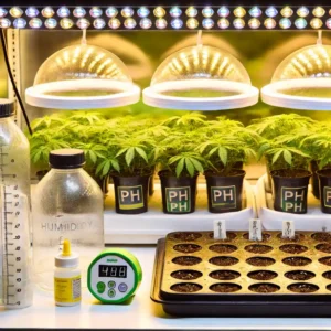 Clone care setup with cannabis plants under LED lights, humidity domes, and nutrient trays.