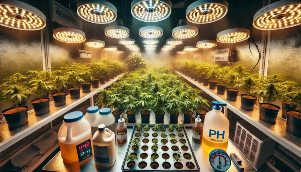 Clone care setup for cannabis with young plants, LED lights, humidity domes, and nutrients.
