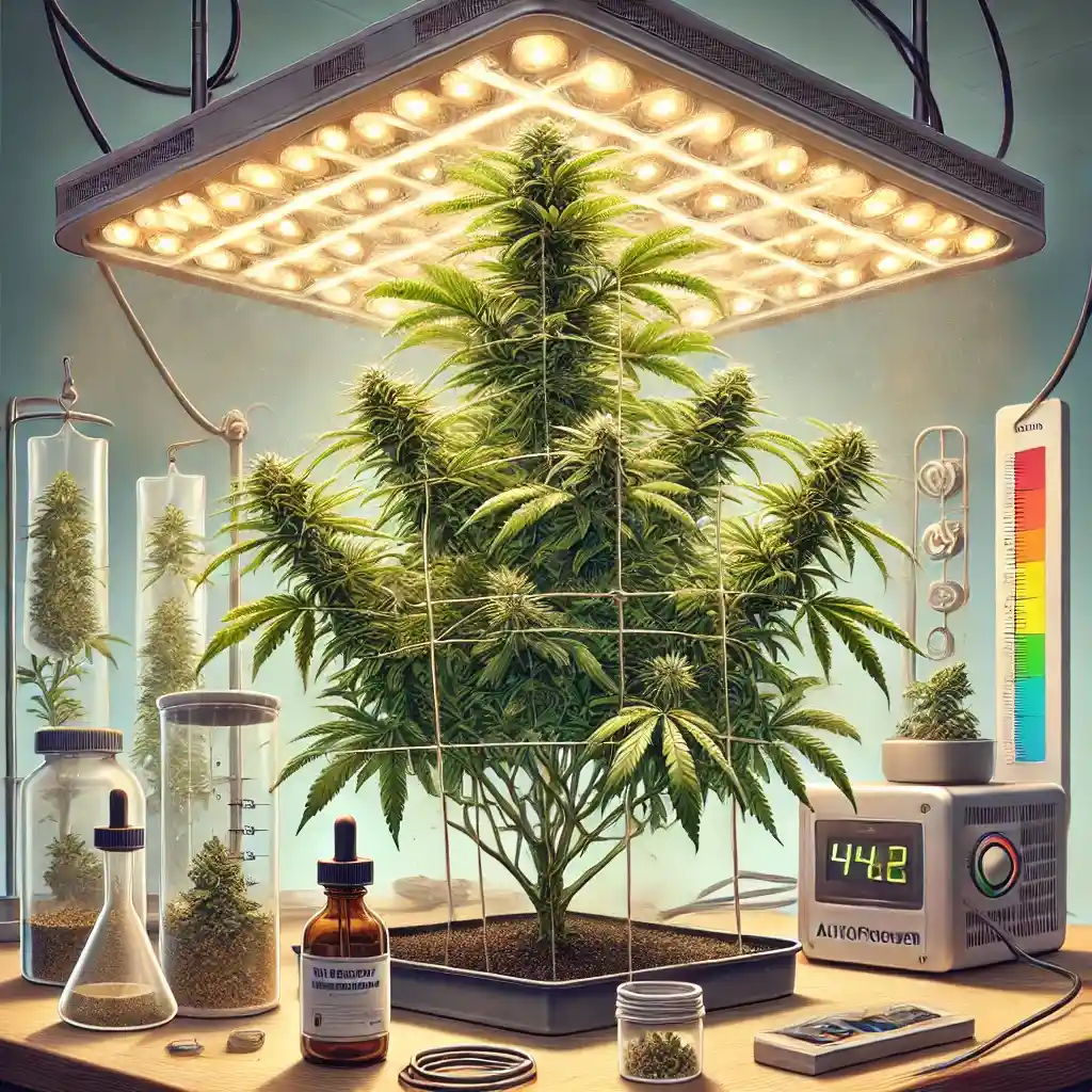 Indoor setup for Can You Clone an Autoflower with LED lights and LST techniques.