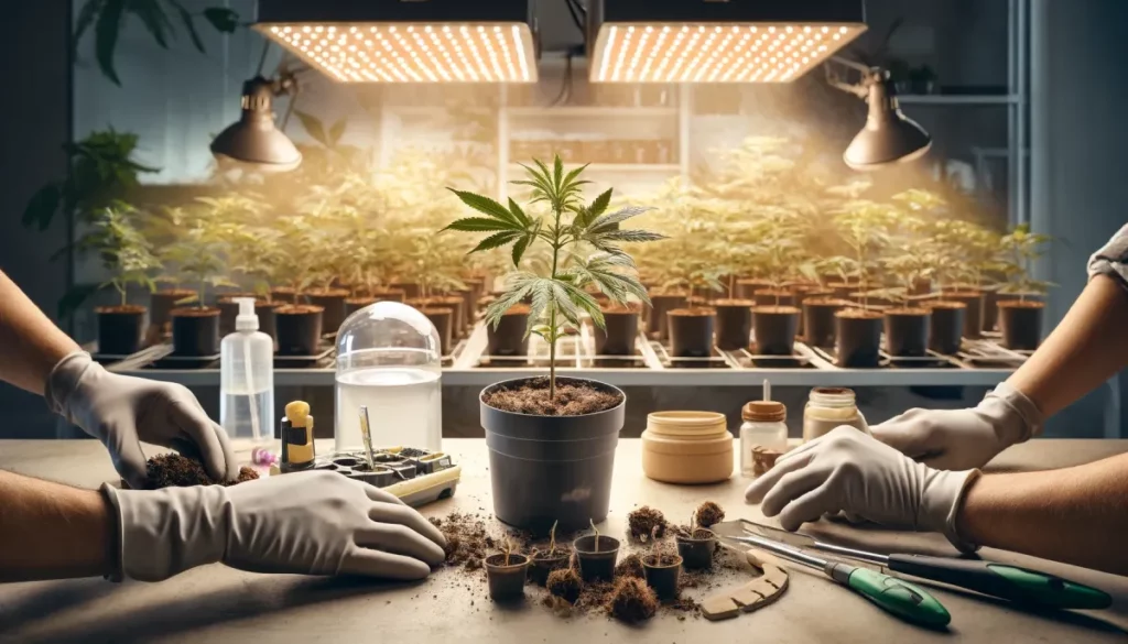 Wide view of indoor planting clone cannabis, featuring soil pots, tools, humidity dome, and LED lighting for healthy growth.