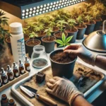 Indoor setup for planting cannabis clones, showing young plants placed into soil pots with tools, LED lighting, and nutrient supplies.