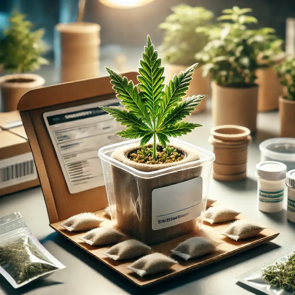 What is a marijuana clone packaged for shipping, with secure inserts, moisture packs, and informational labeling.