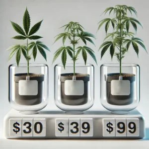 How much are clones displayed in pots with clear pricing, focused on plant quality and details.