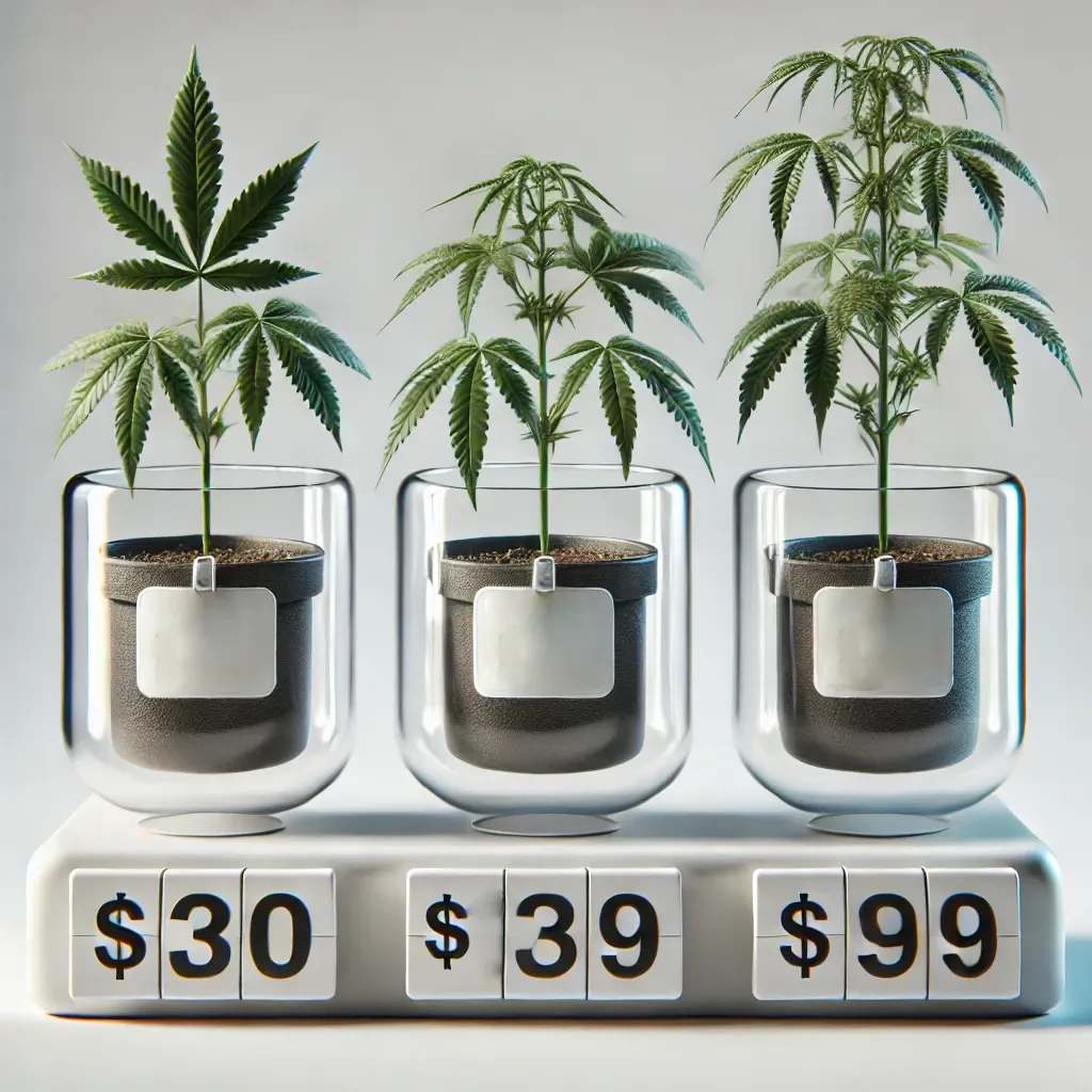 How much are clones displayed in pots with clear pricing, focused on plant quality and details.