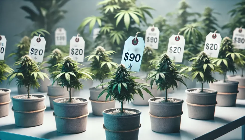 How much are clones shown in a professional setting with price tags for quality cannabis plants.