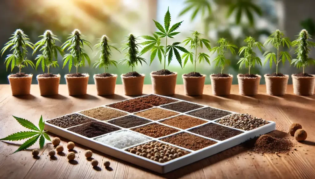 Multiple soil samples in a tray with cannabis clones in pots, showcasing diverse soil options for cultivating healthy cannabis clones.