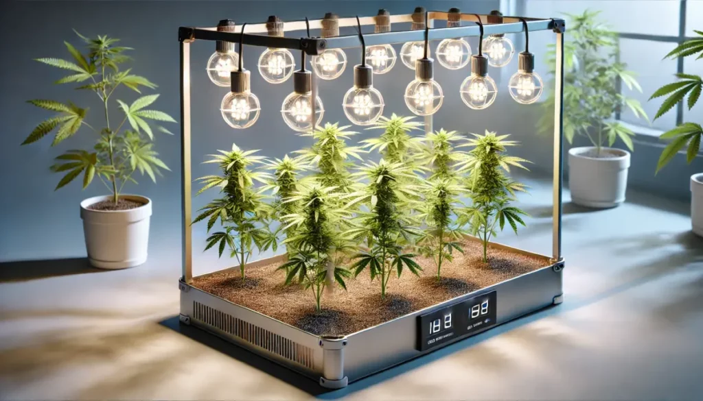 Cannabis clones in a well-lit indoor grow station with multiple bulbs, showcasing an efficient best light for clones environment for healthy growth.