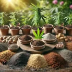Array of soil types and nutrients arranged in front of young cannabis clones in pots, illustrating the best soil choices for clone growth.