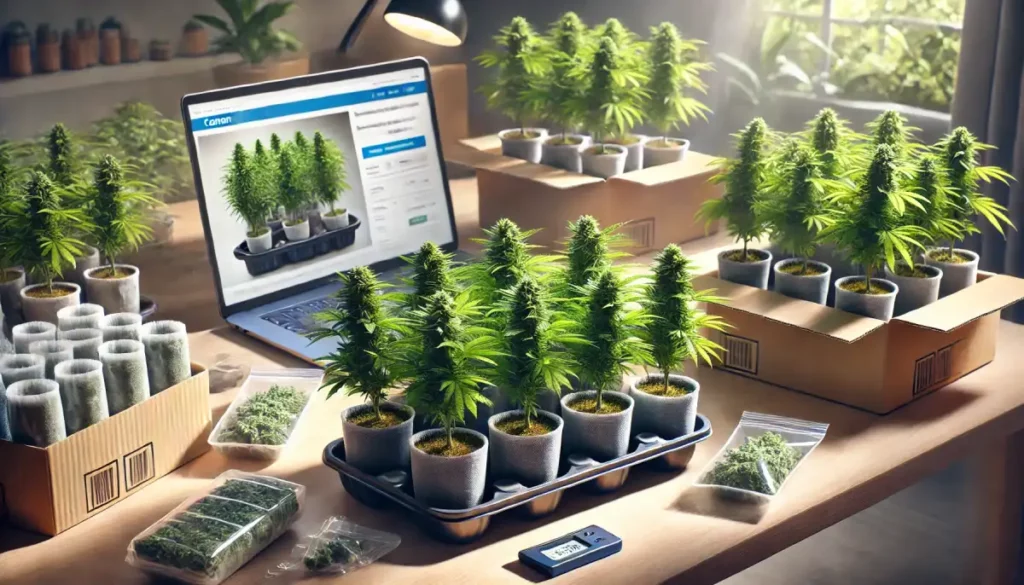 Table with weed clones in small pots, surrounded by cultivation tools and an online catalog, showcasing options for finding weed clones near me.