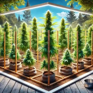 Cannabis clones growing outdoors in a structured setup with wooden stakes and ample sunlight, illustrating best practices for growing a clone outdoors.