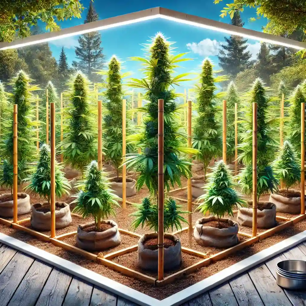Cannabis clones growing outdoors in a structured setup with wooden stakes and ample sunlight, illustrating best practices for growing a clone outdoors.