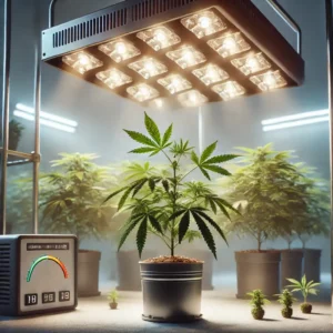 Single cannabis clone under an LED grow light with temperature and humidity controls, illustrating an optimal setup for the best light for clones.