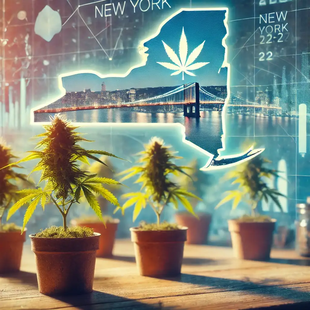 Cannabis plants in pots with a map outline of New York featuring a cannabis leaf and cityscape background, symbolizing clones for sale in New York.
