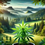 Cannabis plant growing in a scenic Oregon landscape, representing the availability of clones in Oregon under natural sunlight.