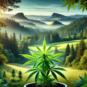 Cannabis plant growing in a scenic Oregon landscape, representing the availability of clones in Oregon under natural sunlight.