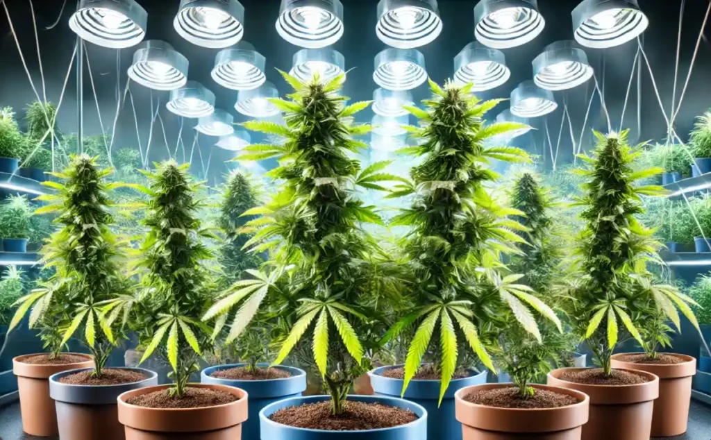 Multiple cannabis clones in pots under bright grow lights, showcasing ideal conditions for maximizing how much can a clone yield in indoor cultivation.
