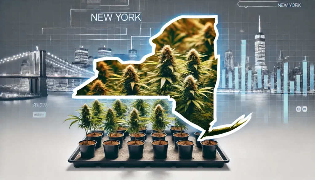 Tray of cannabis clones in front of a New York map outline and city skyline, highlighting the availability of clones for sale in New York.