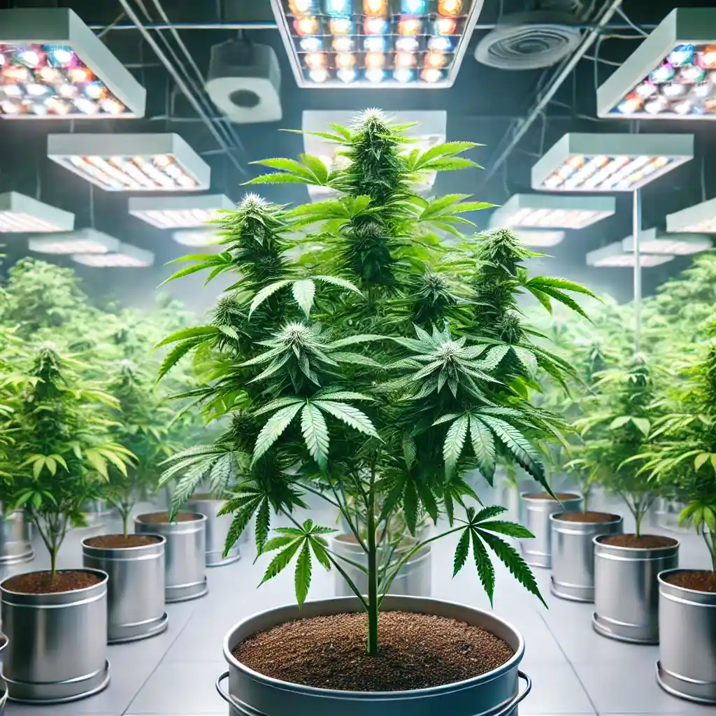Healthy cannabis clone in a controlled grow room with LED lights, illustrating potential growth stages to determine how much can a clone yield.