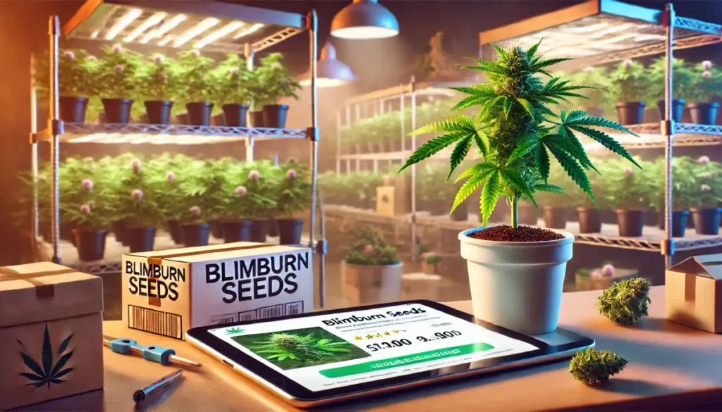Cannabis plant in a pot with Blimburn Seeds packaging and online store on tablet, in a grow room setting with shelves of plants in the background.