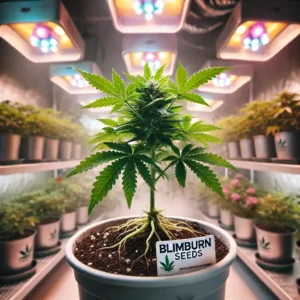 Healthy cannabis plant from Blimburn Seeds growing under LED lights in an indoor setup, showcasing vibrant green leaves and buds.