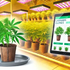 Tablet displaying options for the best cannabis clones online, with vibrant clones under LED grow lights in a controlled indoor setup.