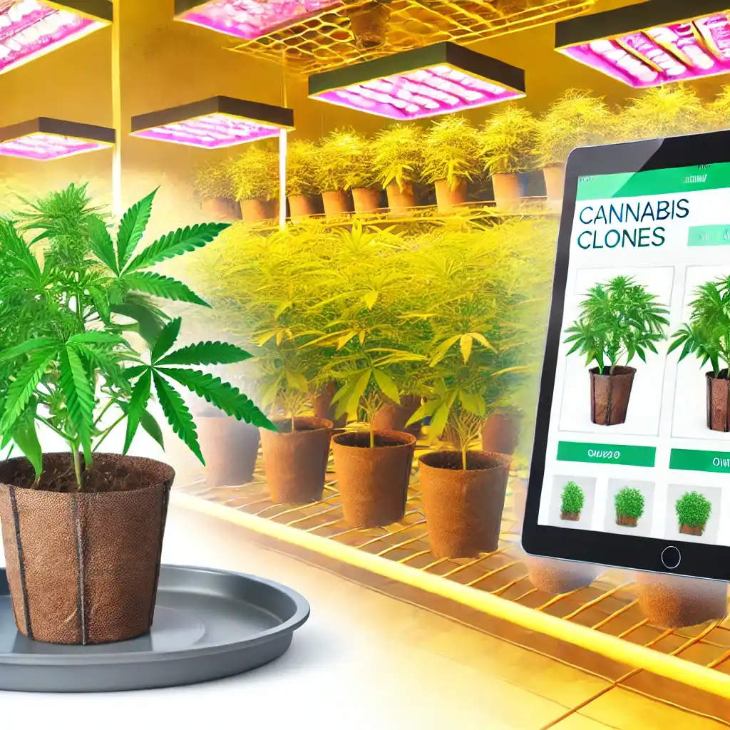 Tablet displaying options for the best cannabis clones online, with vibrant clones under LED grow lights in a controlled indoor setup.