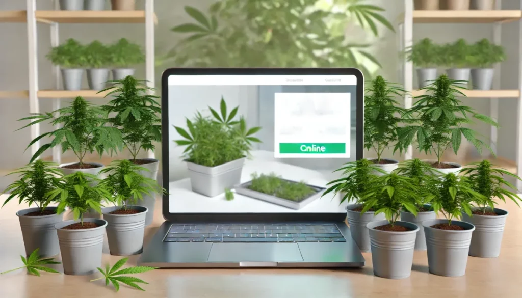Laptop on a table surrounded by cannabis clones in pots, suggesting an online resource for locating where to buy clones near me.