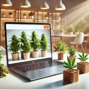 Laptop displaying cannabis clones in pots, surrounded by small cannabis plants in a cozy indoor setting, ideal for finding where to buy clones near me.