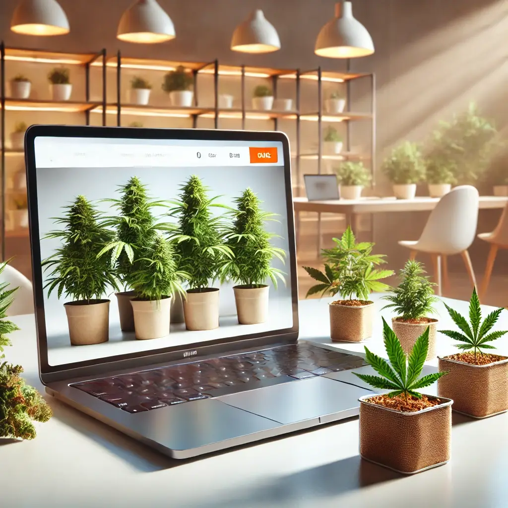 Laptop displaying cannabis clones in pots, surrounded by small cannabis plants in a cozy indoor setting, ideal for finding where to buy clones near me.