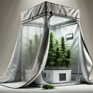 Clone Grow Tent setup with cannabis plants under LED lights, showcasing a compact indoor growing environment.