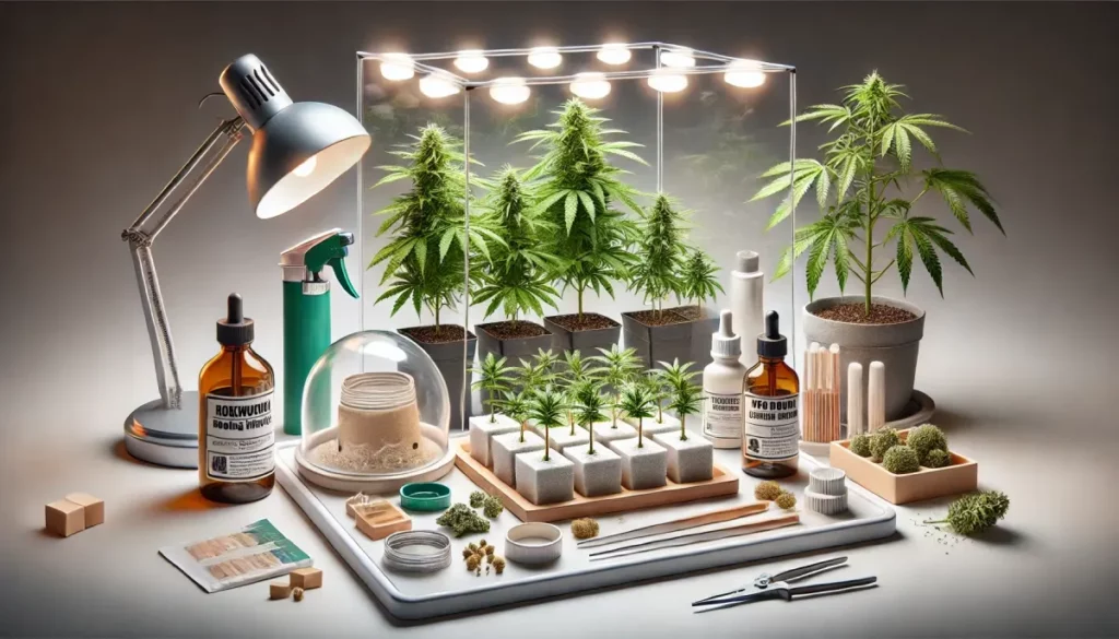 Comprehensive weed cloning kit with cannabis clones, lighting, tools, and nutrients for optimal propagation setup.