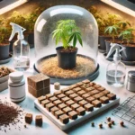 Weed cloning kit setup with humidity dome, rockwool cubes, and spray bottles, ideal for cannabis propagation.