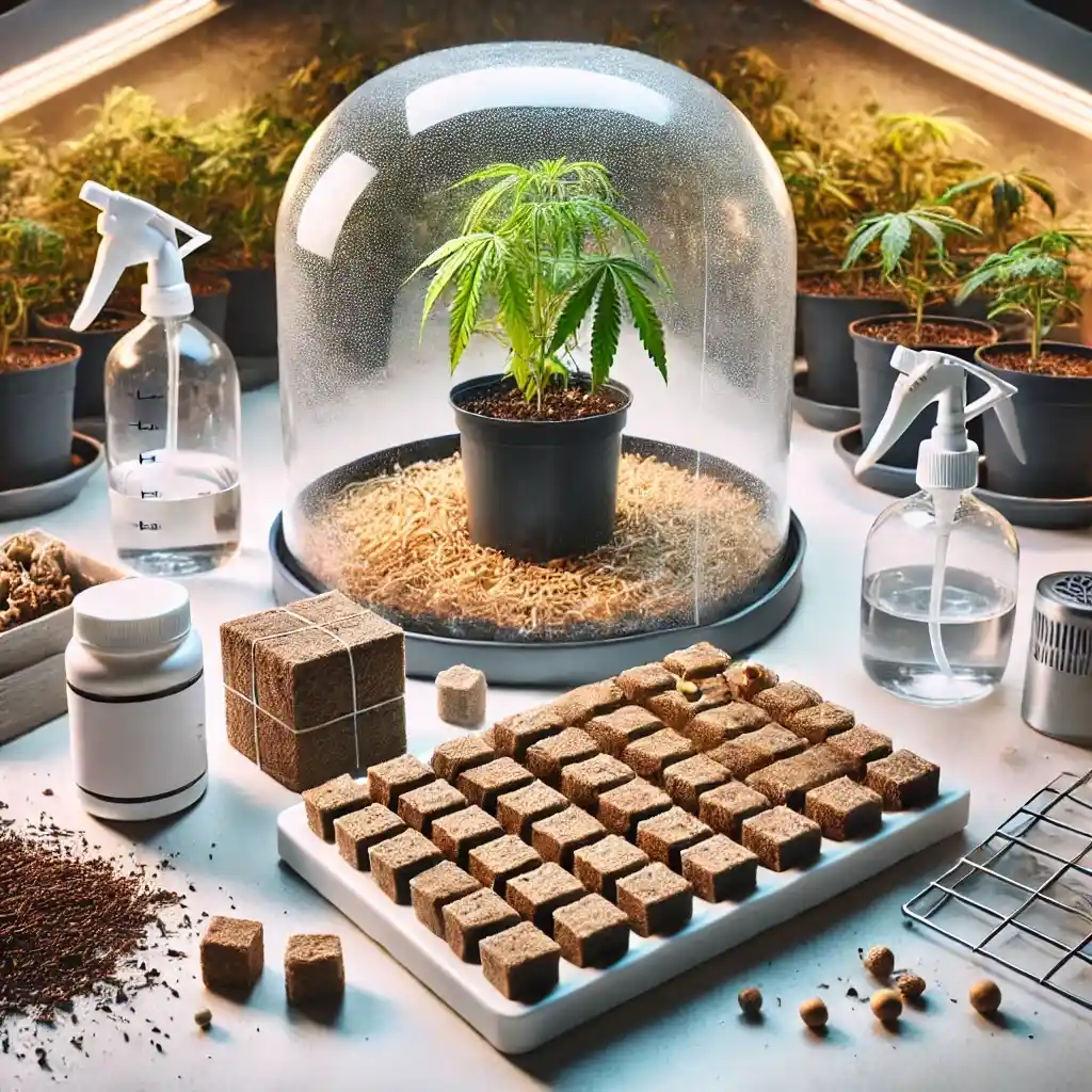 Weed cloning kit setup with humidity dome, rockwool cubes, and spray bottles, ideal for cannabis propagation.