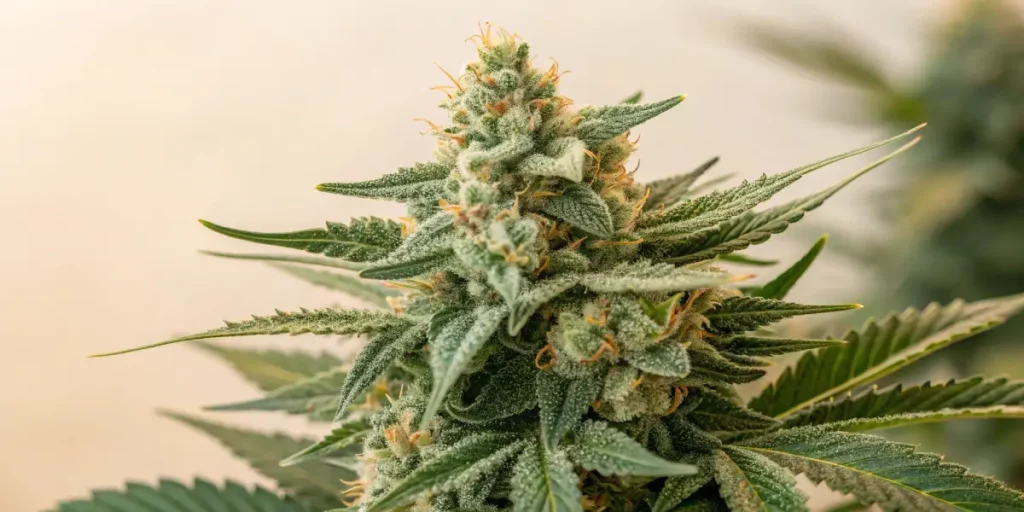 Indoor cannabis plants in full bloom under grow lights, with dense buds and healthy green leaves.