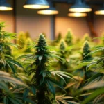 Cannabis plants growing indoors under grow lights