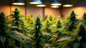 Cannabis plants growing indoors under grow lights