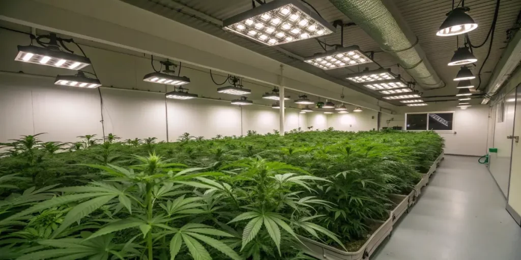 Indoor cannabis grow room with LED lights, showcasing rows of healthy cannabis plants in a controlled environment.
