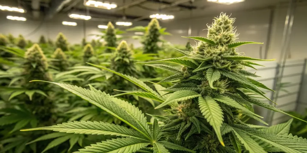 Indoor cannabis plant with dense buds, growing under LED lights in a controlled environment.
