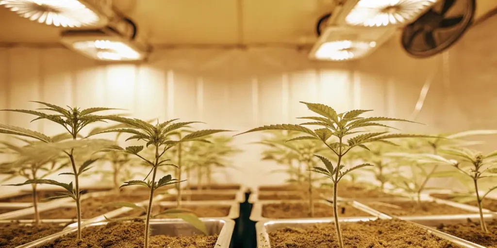 Indoor cannabis seedlings growing in containers under warm LED lights.