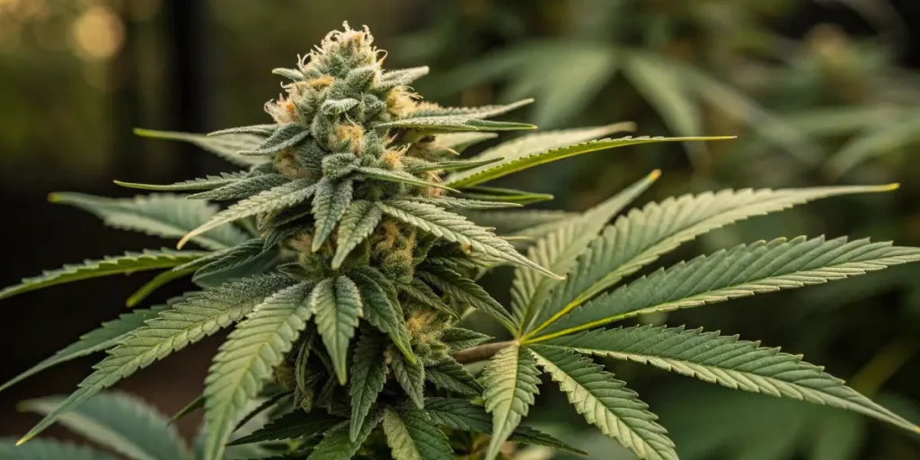 Close-up of ZRuntz weed strain with resinous buds and leaves, showcasing its growth characteristics.