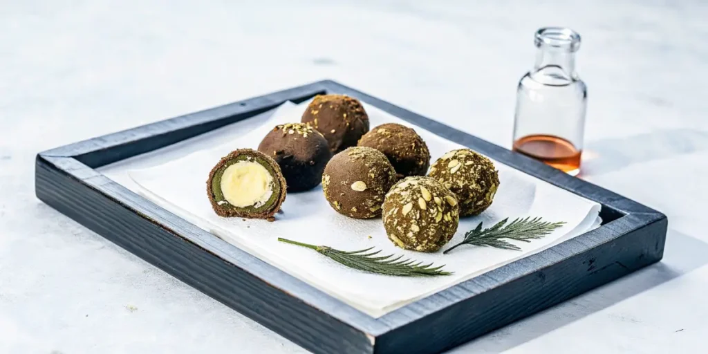 Luxurious cannabis chocolate truffles served on a tray with a small glass bottle in the background