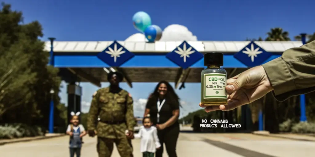 military security checkpoint with no cannabis products allowed sign and cbd oil being checked