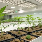 Modern cannabis cultivation room with LED panels and healthy young plants.
