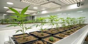 Modern cannabis cultivation room with LED panels and healthy young plants.