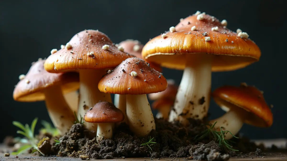 Cluster of earthy brown mushrooms in decomposition, surrounded by dark, rich soil.