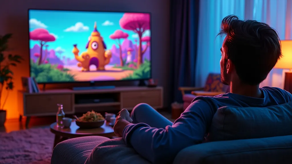 Person relaxing on a couch, watching a vibrant animated show on a large TV, surrounded by snacks and a warm, ambient glow, showcasing fun things to do while stoned.