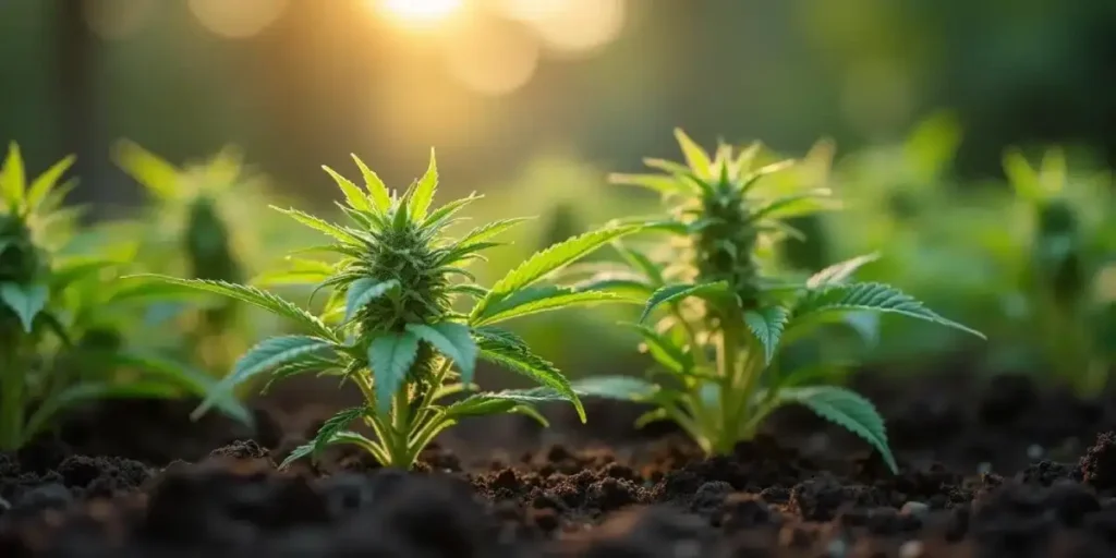 Young cannabis clones growing outdoors in sunlight