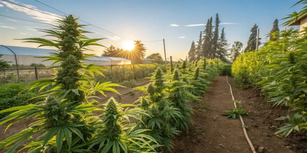 Rows of mature cannabis plants in an outdoor farm bathed in warm sunset light.
