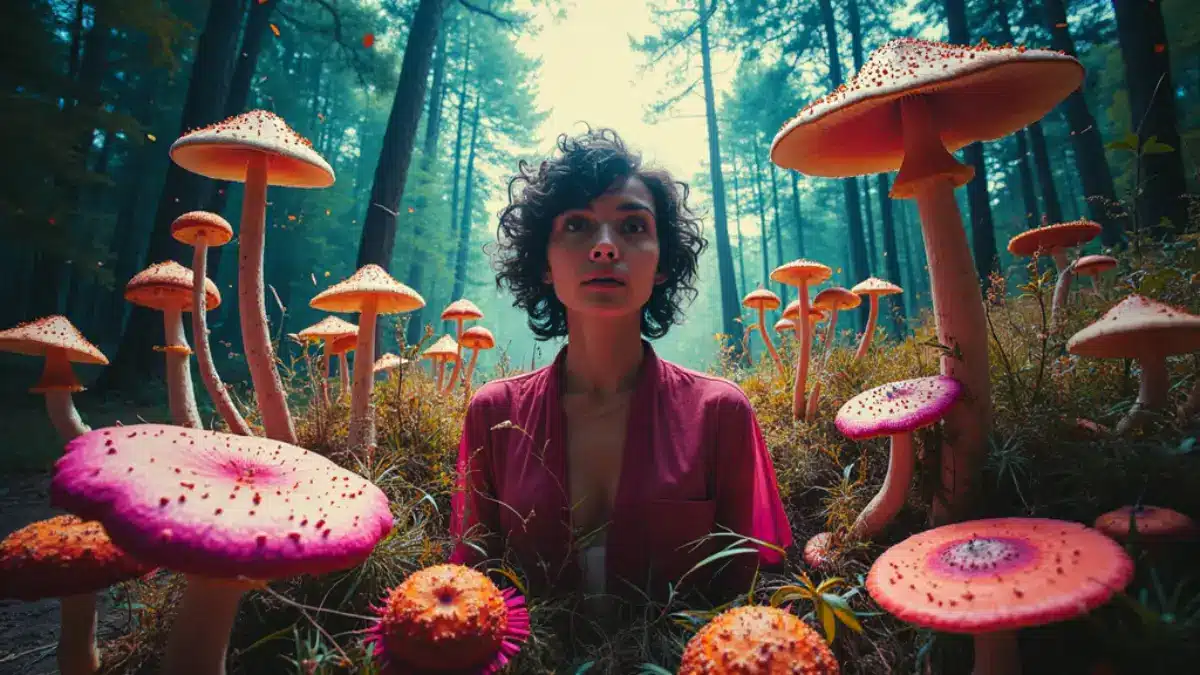 Woman surrounded by vibrant pink and orange mushrooms on a mystical psychedelic journey in a lush forest.